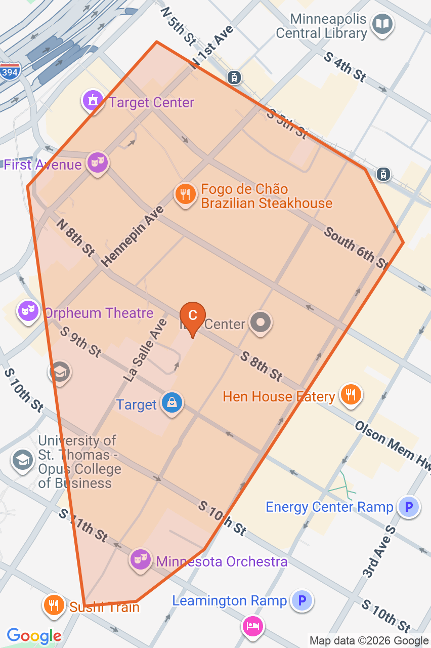 Map of the Downtown Nicollet Mall game zone in Minneapolis