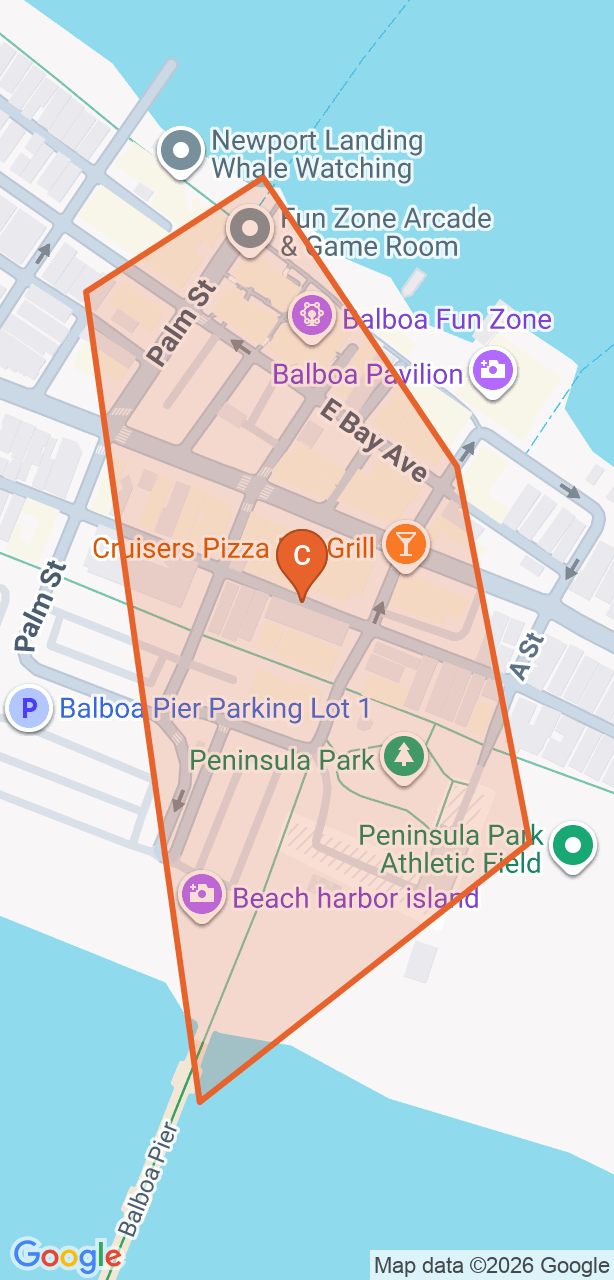 Map of the Balboa Peninsula game zone in Orange County