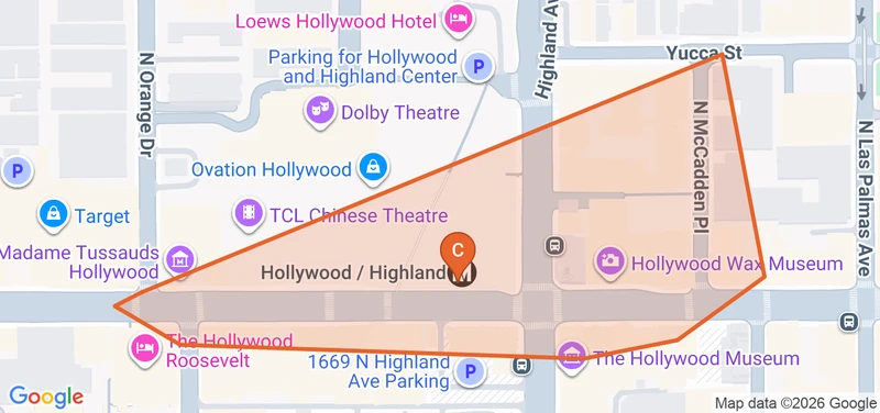 Map of the Hollywood game zone in Los Angeles
