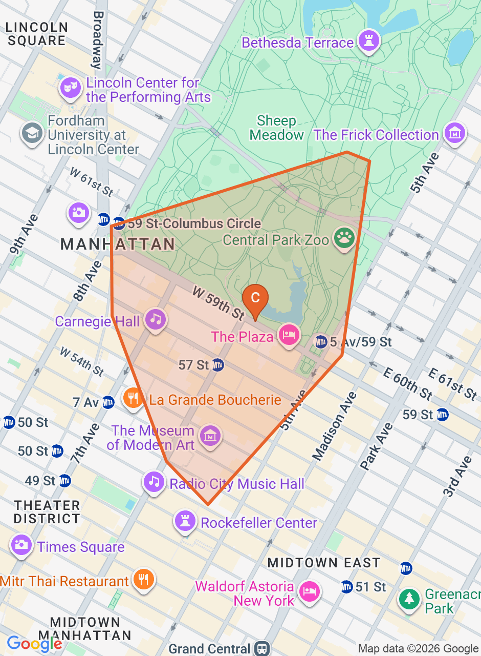 Map of the Central Park South game zone in New York City
