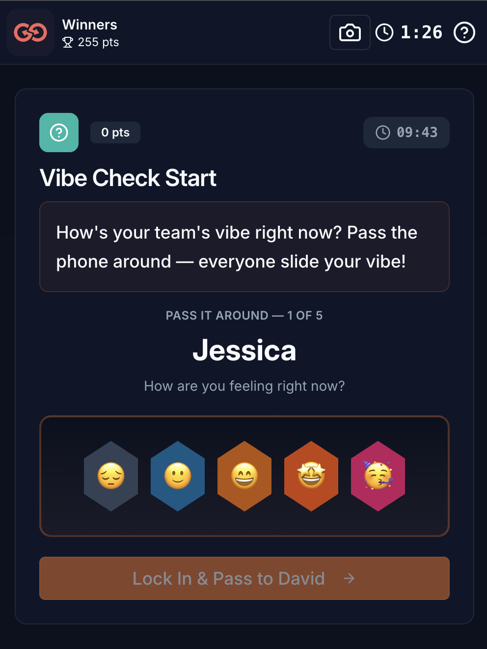 Initial Vibe Check screen — players slide their vibe on a 5-emoji scale and pass the phone around their team