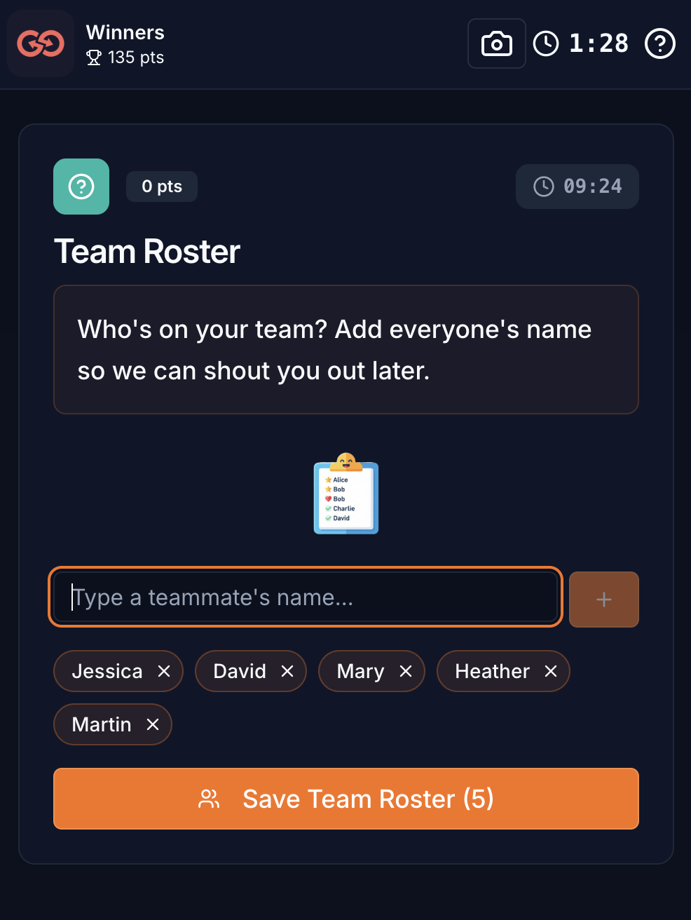 Team Roster screen — players type in everyone's name so the recap can shout each teammate out by name