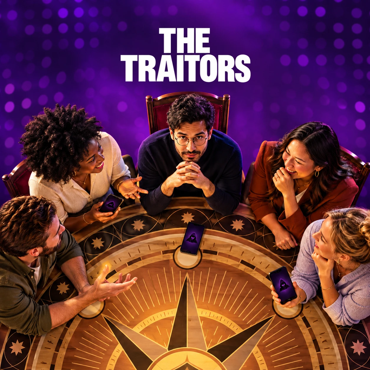 The Traitors game artwork: coworkers around a table with secret roles on their phones