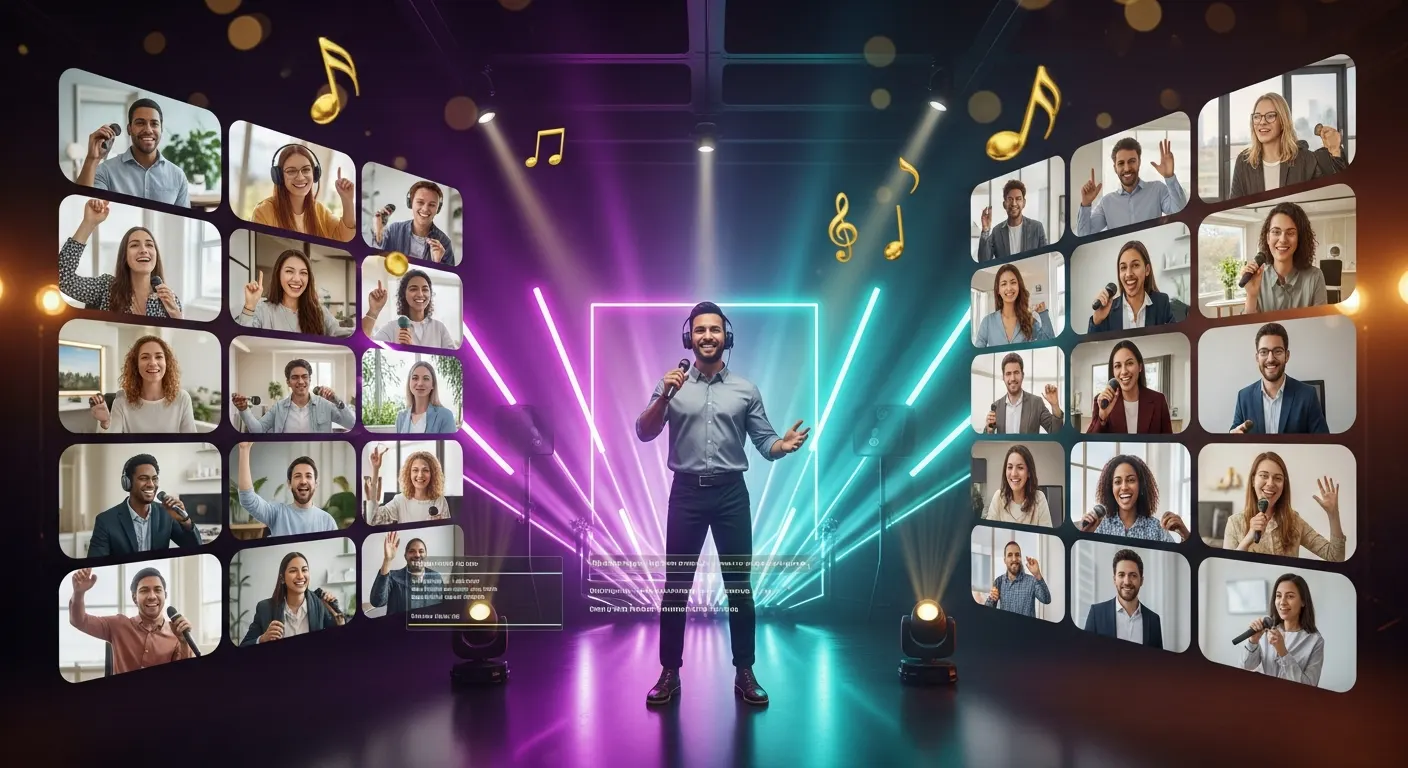Live virtual team building game show with remote teammates competing on camera