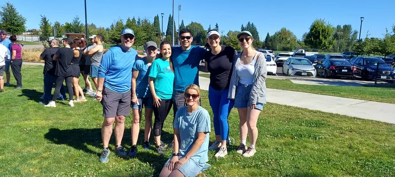 Participants pose together during the Columbia Sportswear Company Lawn Games event in Portland.
