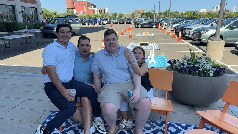 Participants pose together during the Trivium Point Battle Royale event in Stamford.