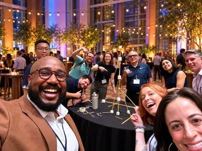 Coworkers enjoying a collaborative team building challenge at a hosted event