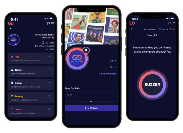TGG Play mobile app showing team building interface on three phone screens